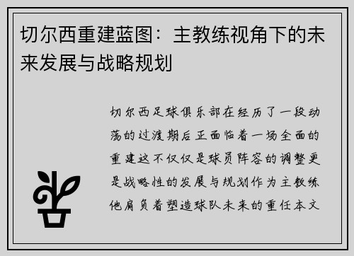 切尔西重建蓝图：主教练视角下的未来发展与战略规划